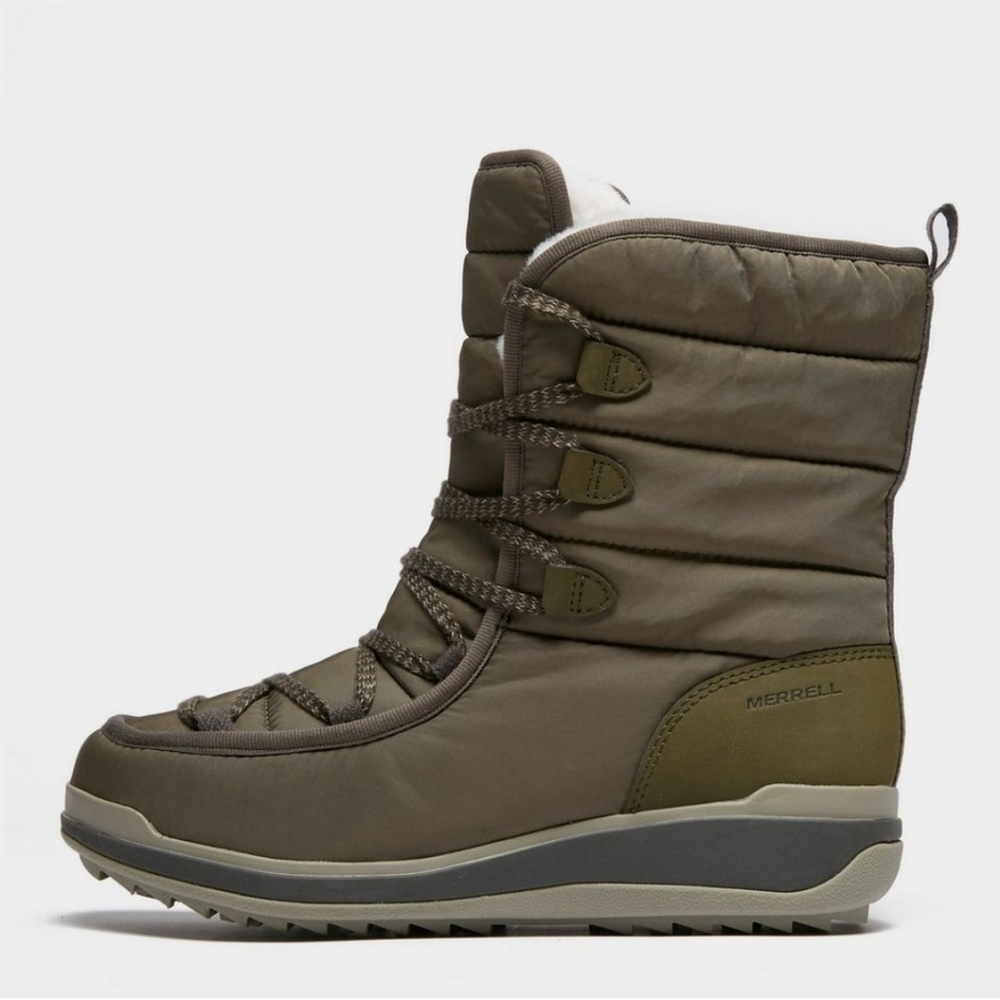 Merrell Olive Green Quilted Lace-Up Winter Booties waterproof sz 9